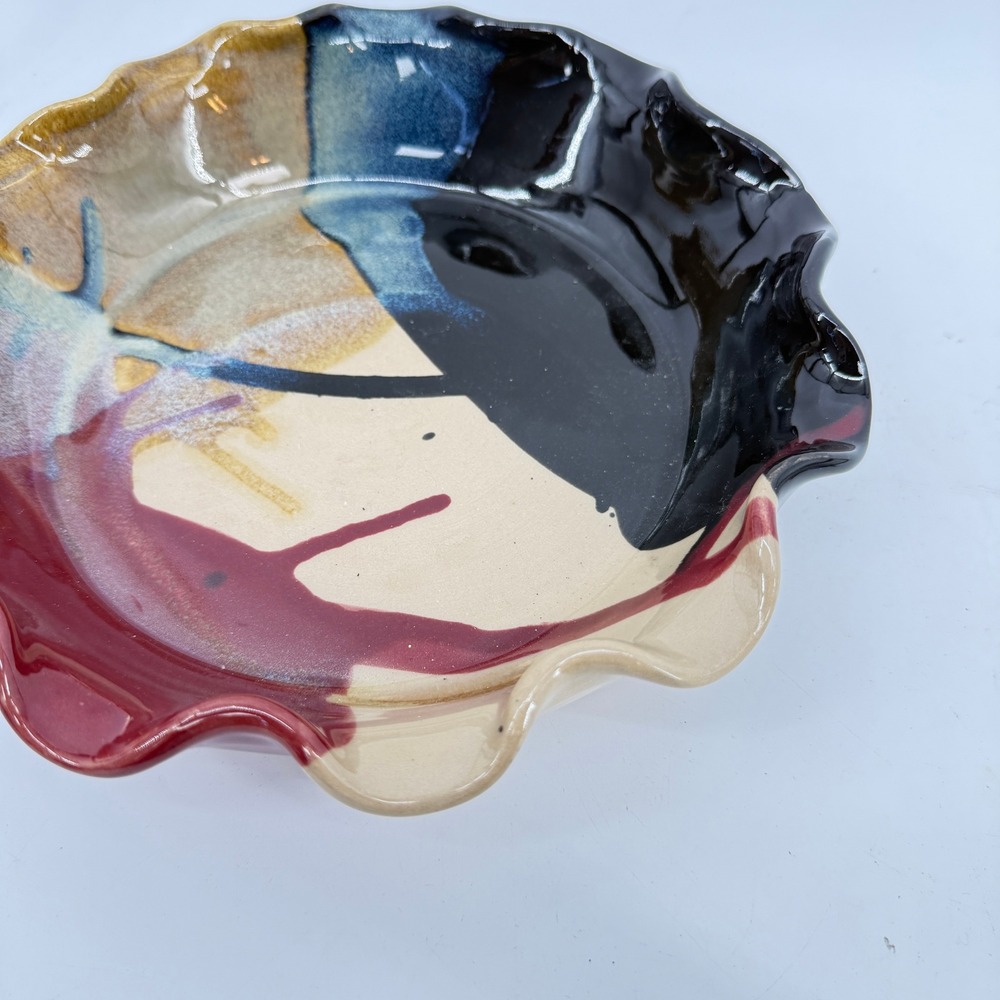 J&S Beaumont Pottery Bowl 9" Multicolor Abstract Ruffled Rim Ceramic Pie Pan - Picture 8 of 16